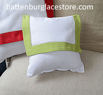 Envelope Pillow.Baby size 8 in. White with MACAW GREEN Trim. - Click Image to Close